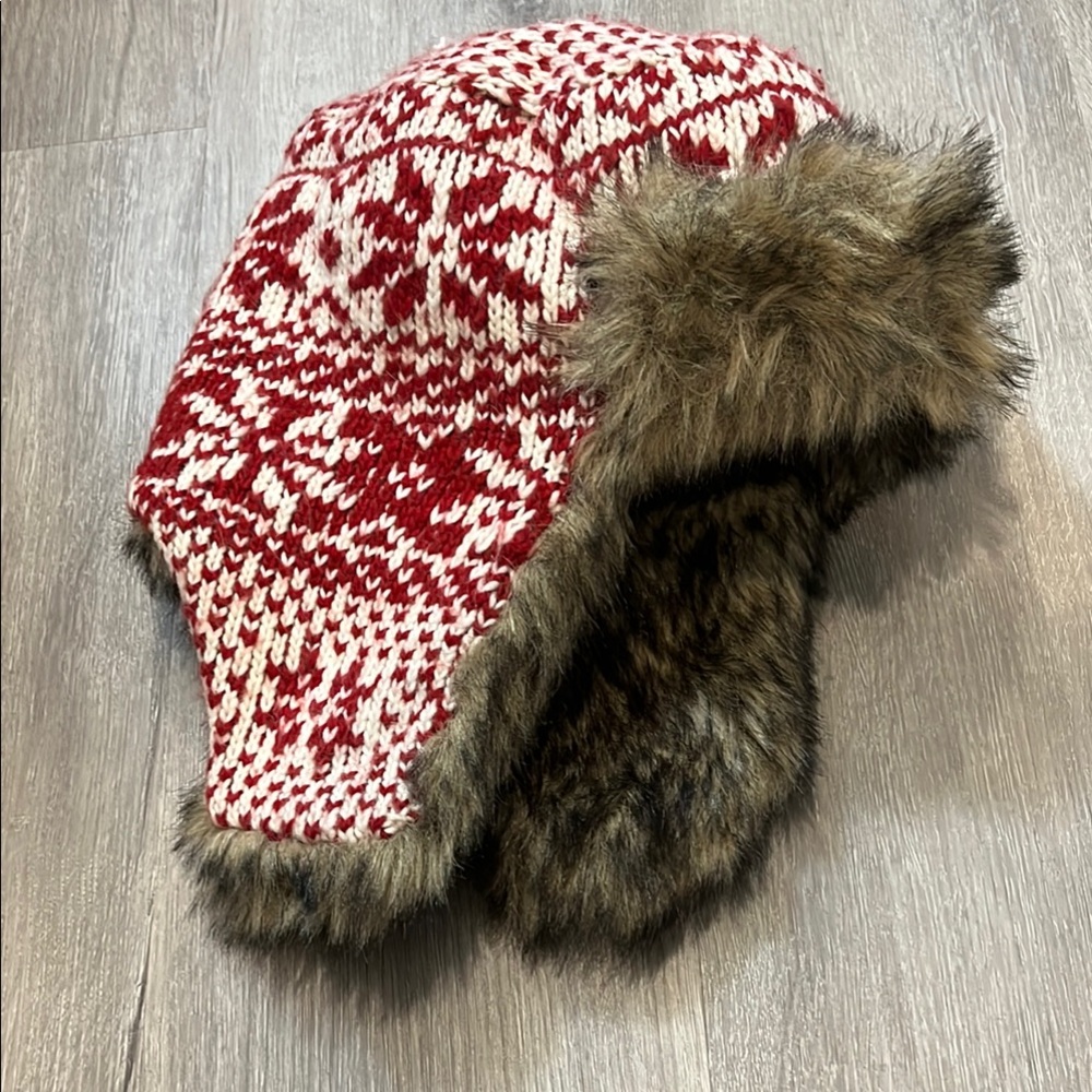 Red and White Knit Trapper Hat with Faux Fur Trim